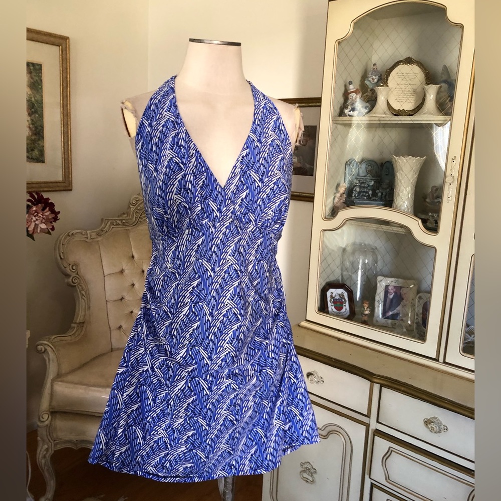 LL Bean NWT blue white halter swimsuit size 18R. C:1448